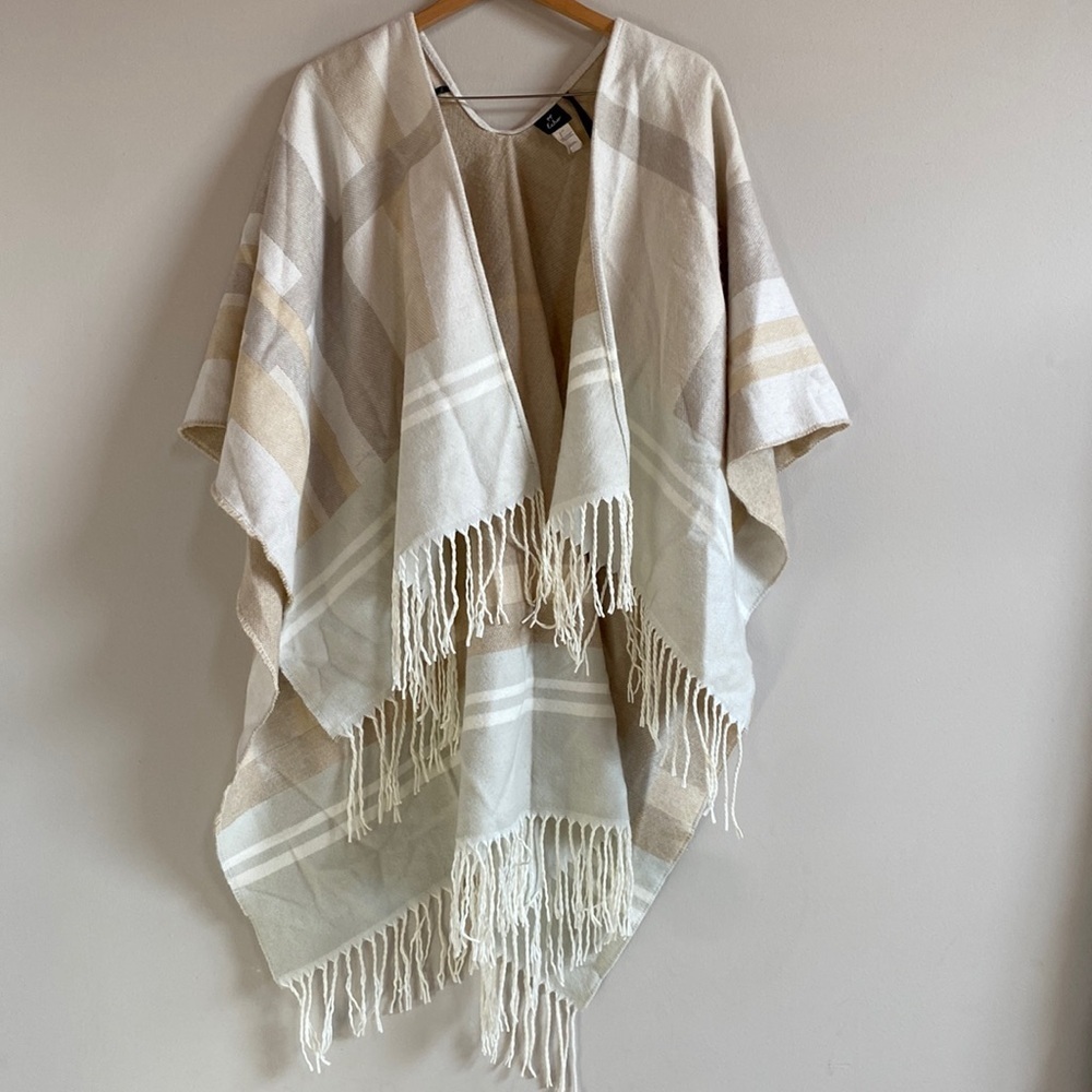 echo plaid  tan shawl wrap fringe scarf